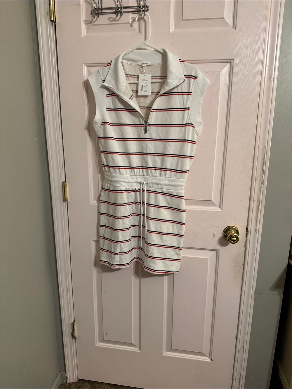 Z Supply White Sleeveless Polo Stripe Drawstring Dress